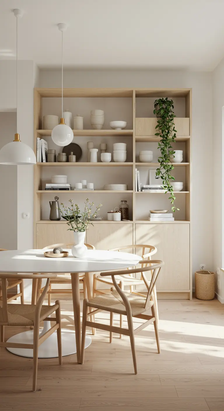 Lichte eethoek met houten open kast als afscheiding, ronde tafel en houten stoelen.