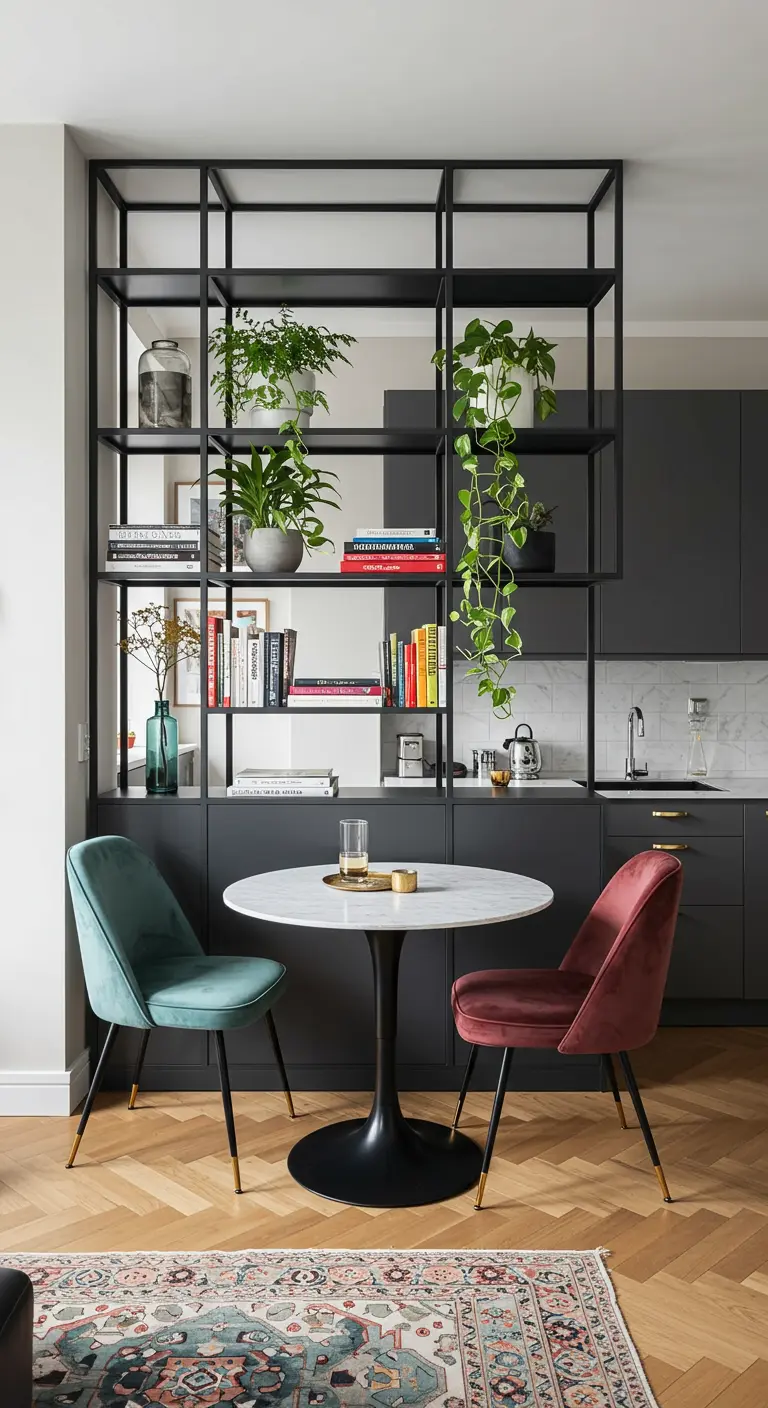 Open zwarte metalen kast als roomdivider tussen keuken en eethoek, gestyled met boeken en planten.