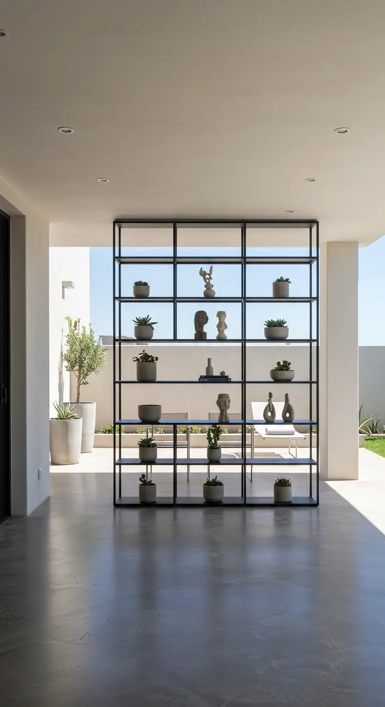 Grote, open zwarte metalen stellingkast met planten en decoratie als afscheiding op een terras.