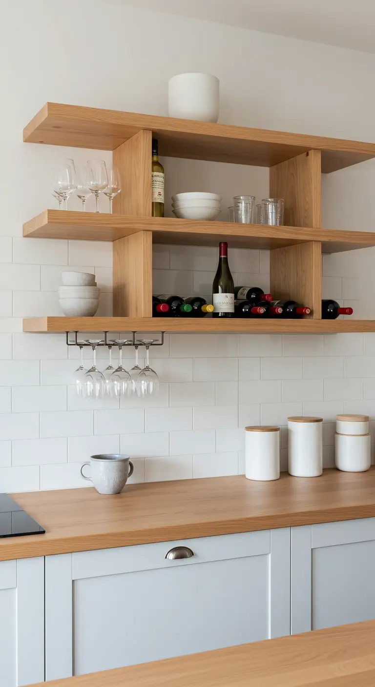 Lichte keuken met open houten wandplanken met geïntegreerde wijnopslag en glashouders boven het aanrecht.