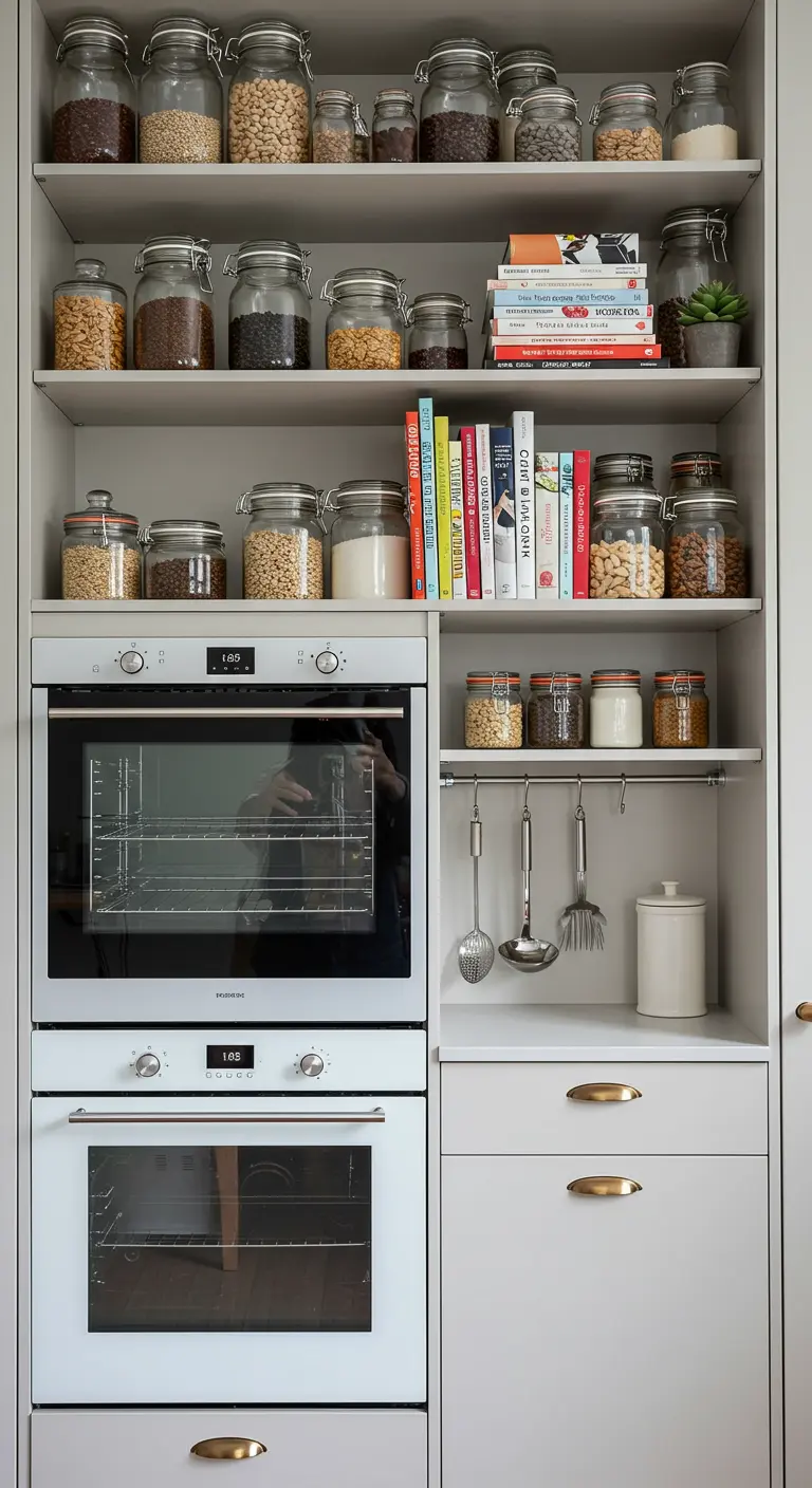 Ingebouwde ovens met open kasten erboven vol glazen voorraadpotten en kookboeken.