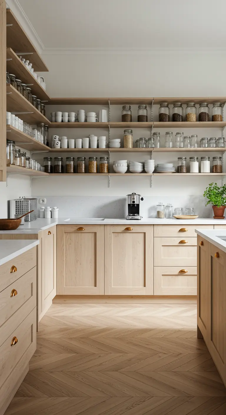 Lichte houten keuken met open planken vol glazen voorraadpotten en wit servies.
