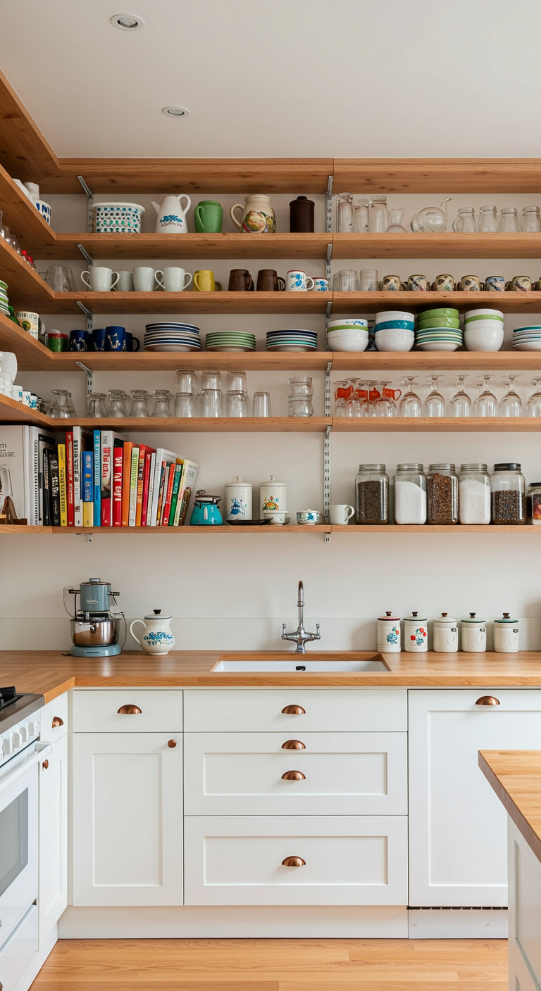 Witte keuken met houten werkblad en open houten planken vol servies en boeken.
