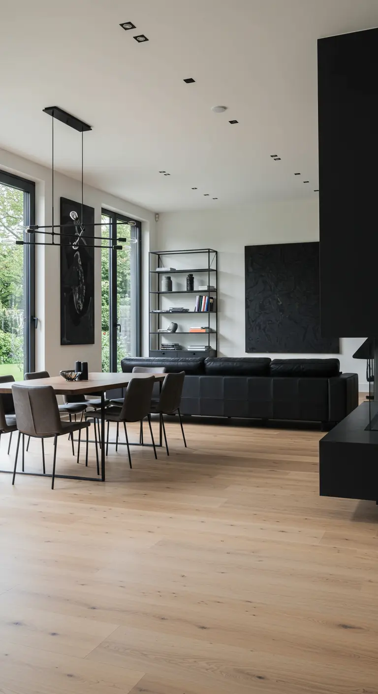 Open woon- en eetkamer met lichte vloer, zwarte accentmuur en minimalistische zwarte meubels.