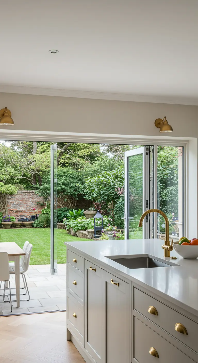 Lichte keuken met uitzicht op de tuin, gouden kraan en gouden wandlampen.