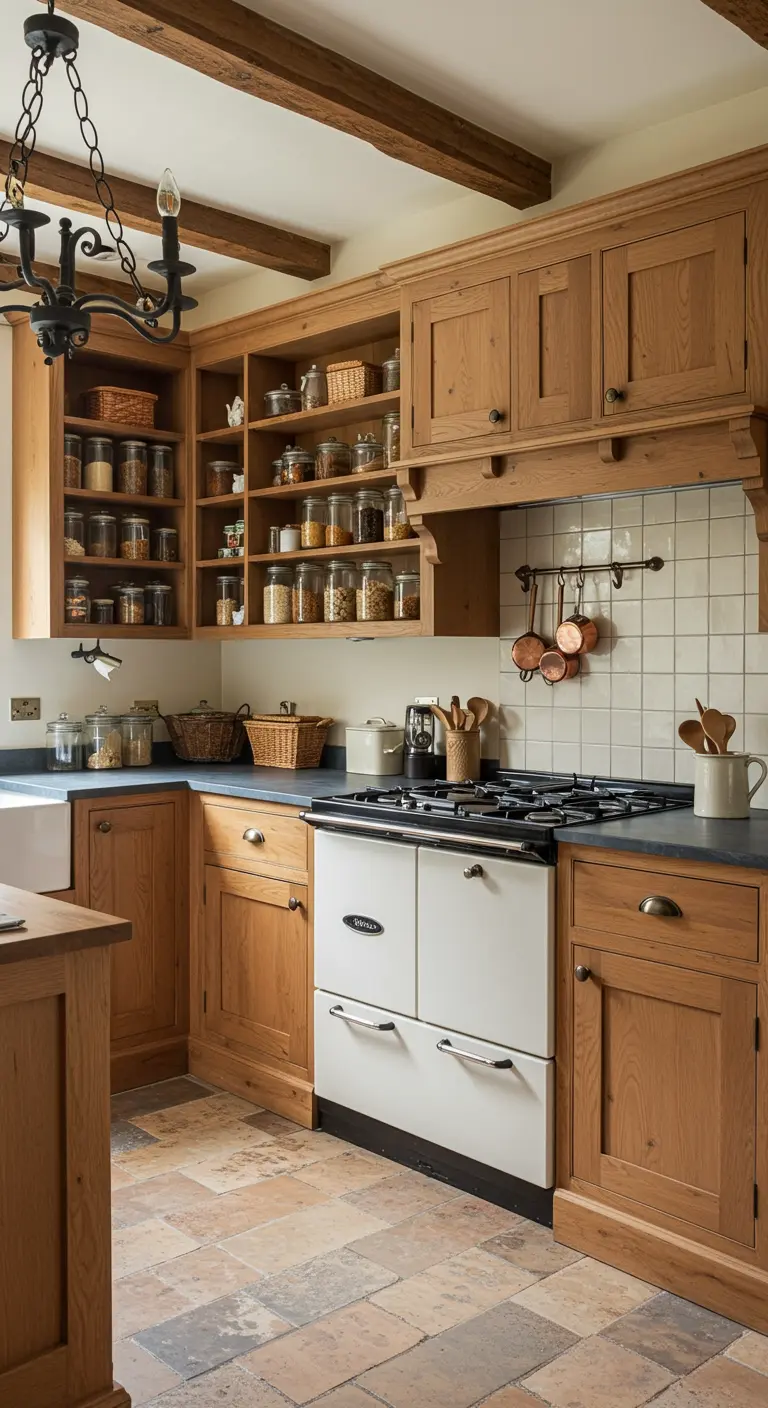 Landelijke houten keuken met open vakken boven het fornuis en terracotta vloertegels.