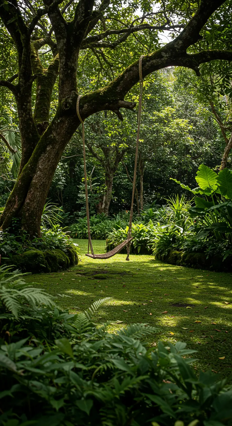 Houten schommel in een ruim grasveld omringd door weelderige groene jungleplanten.