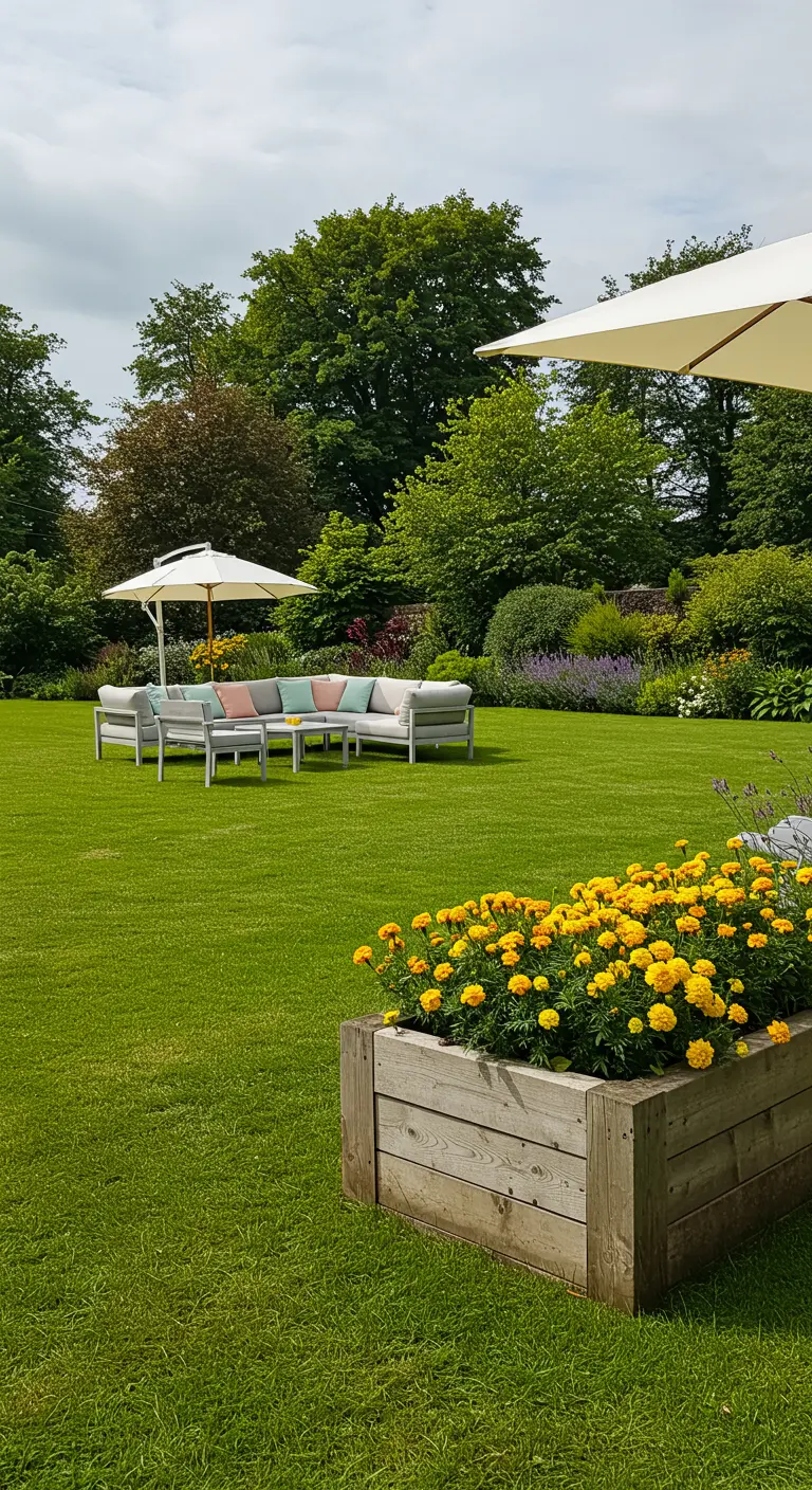 Groot gazon met grijze loungebank, pastel kussens en houten plantenbak met gele bloemen.