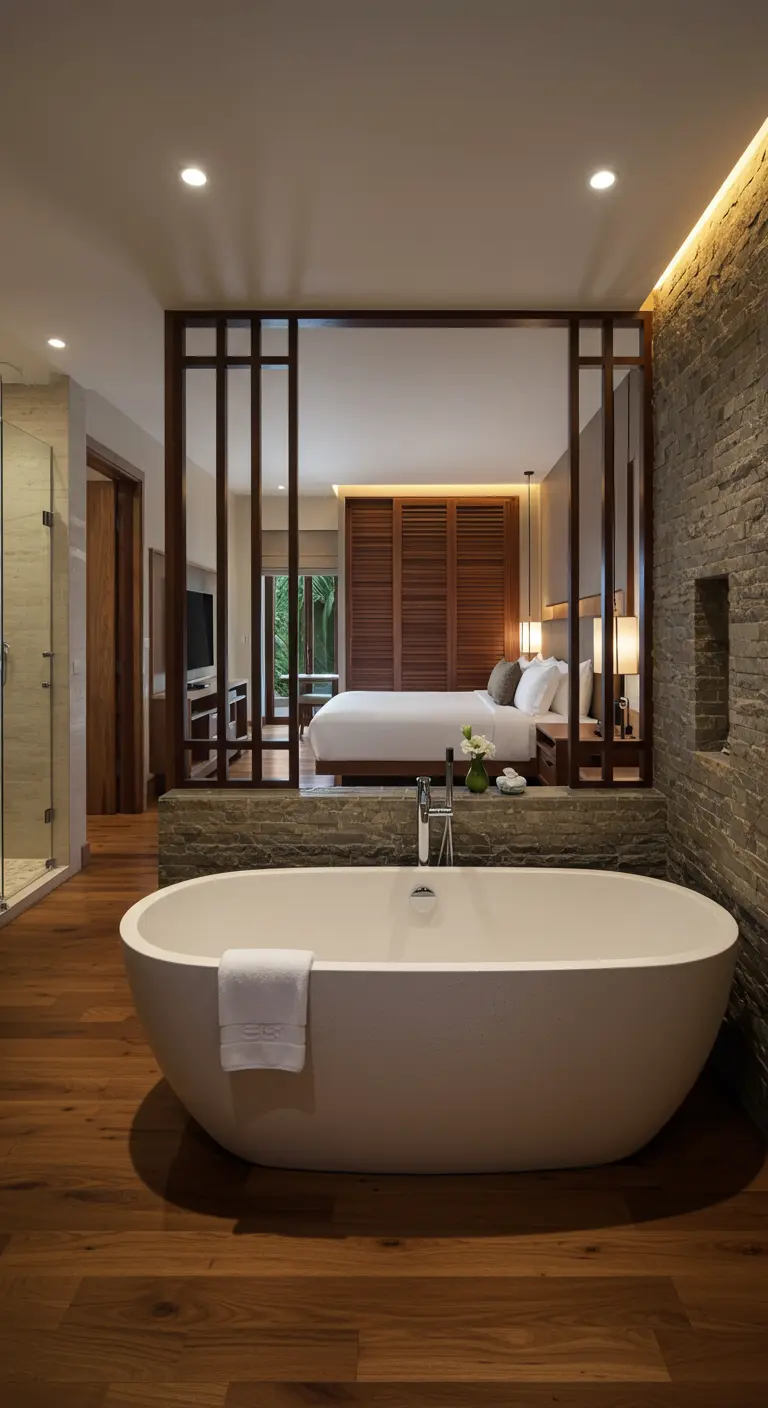 Badkamer en suite met vrijstaand bad dat zichtbaar is vanuit de slaapkamer, gescheiden door halfhoge muur.