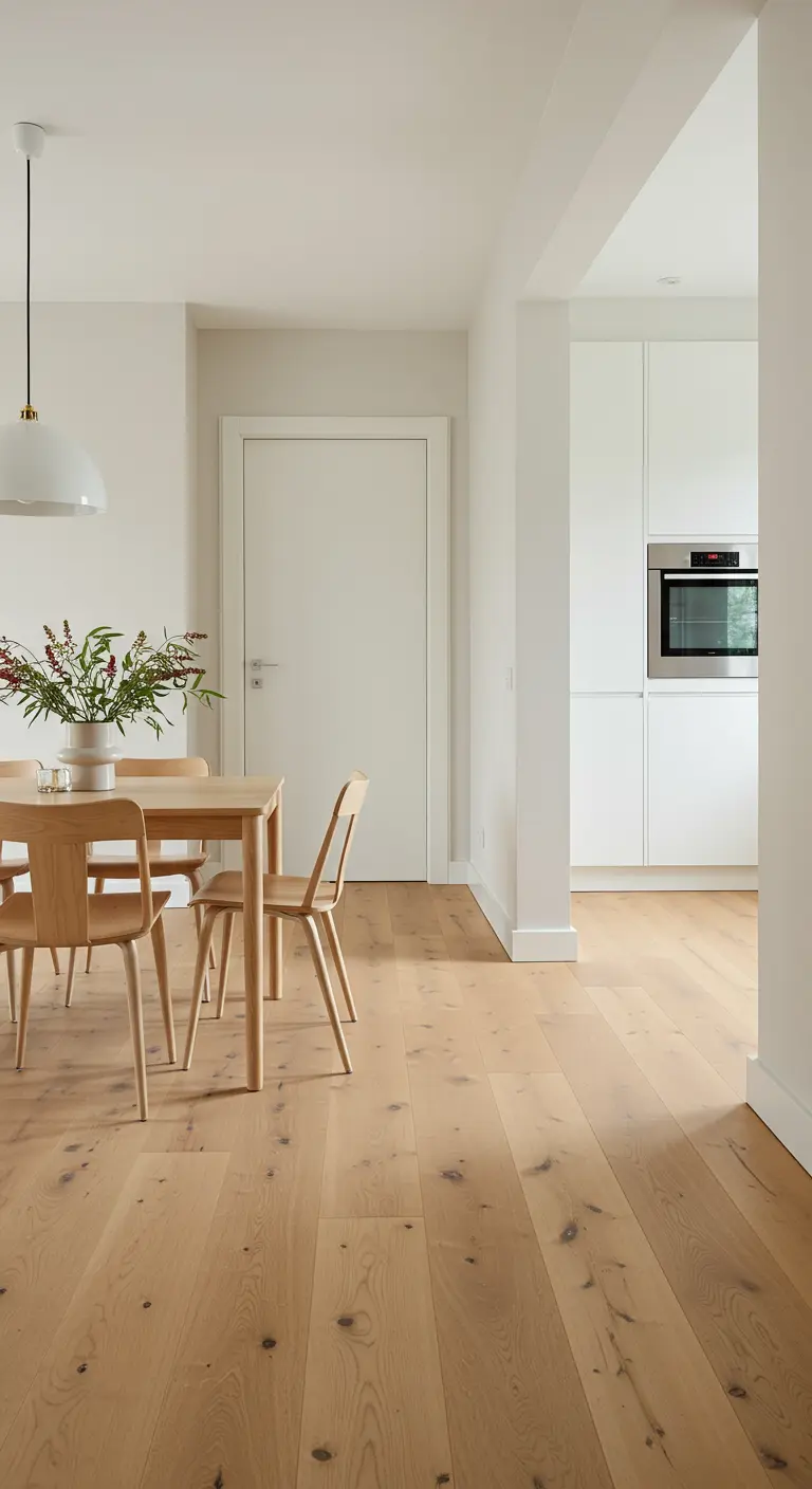 Lichte houten eettafel en stoelen in open verbinding met witte keuken.