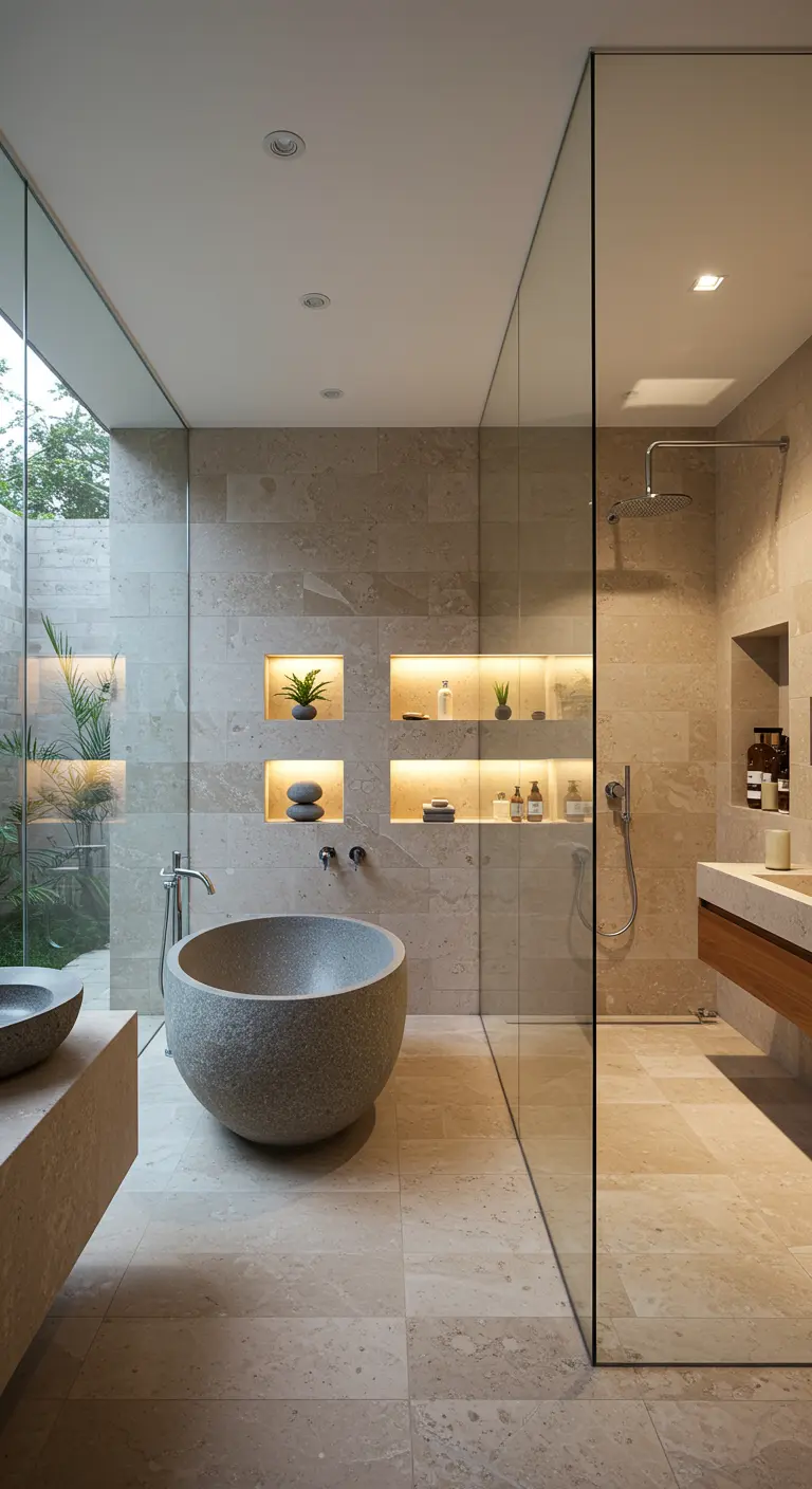 Lichte badkamer met grote glaspartijen, vrijstaand bad en verlichte nissen in de muur.