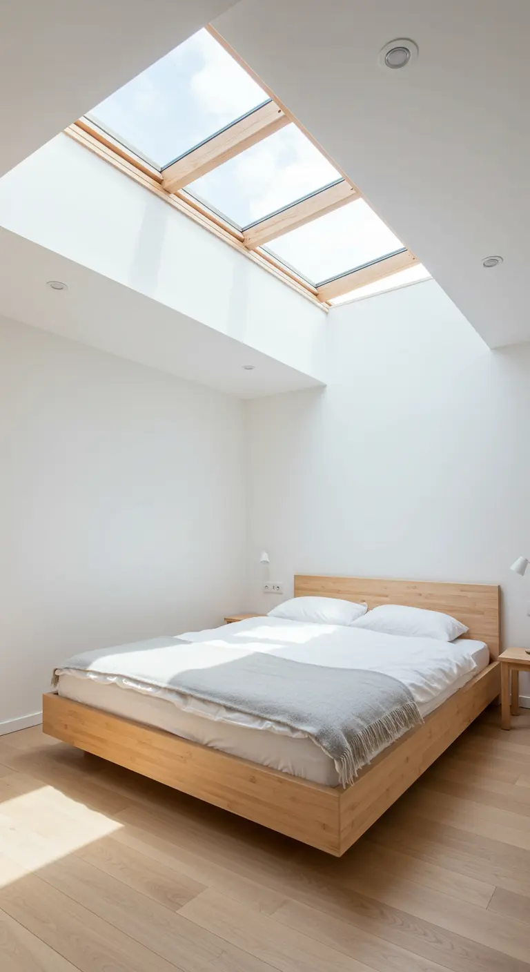 Lichte Japandi slaapkamer met laag houten bed, witte muren en grote dakramen voor natuurlijk licht.