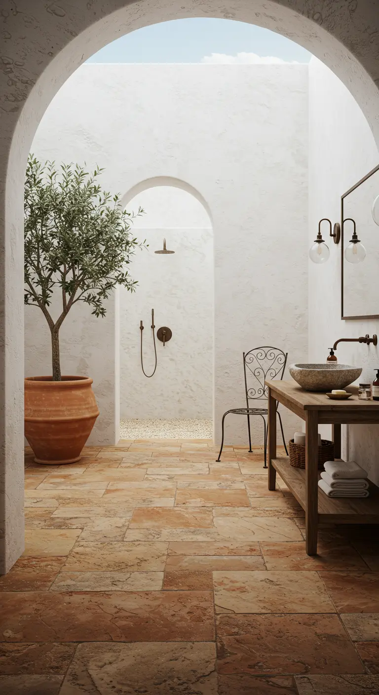 Lichte badkamer met terracotta vloer, witte gestucte bogen, olijfboom, inloopdouche.