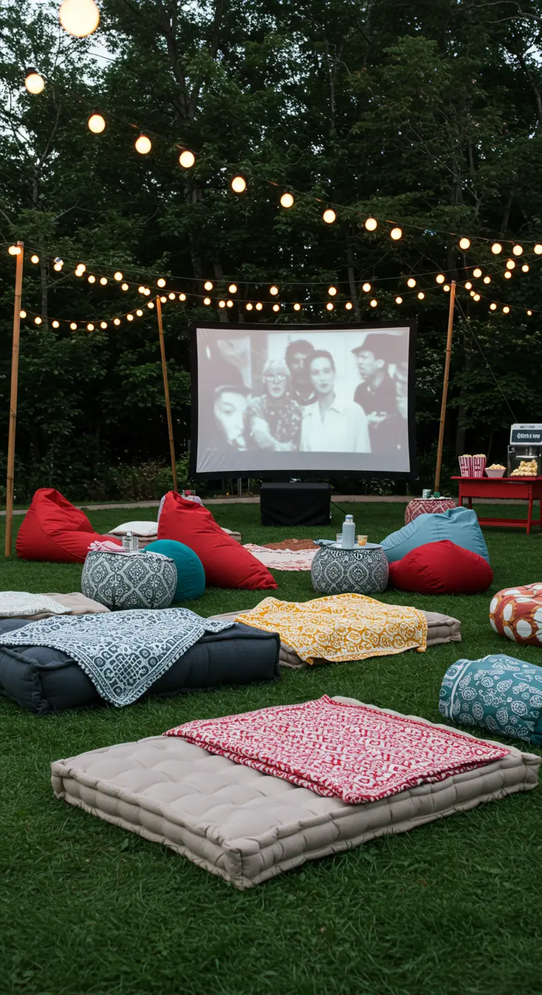 Openluchtbioscoop met projectiescherm, kleurrijke zitzakken, floor cushions en lichtslingers op gras.