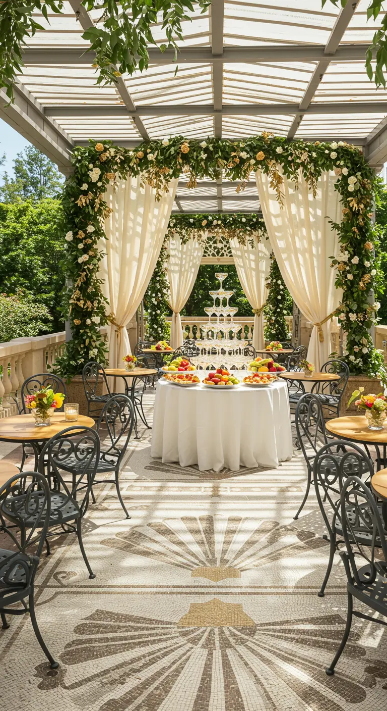 Pergola met witte doeken, bloemenguirlandes, ronde tafels en champagnefontein.