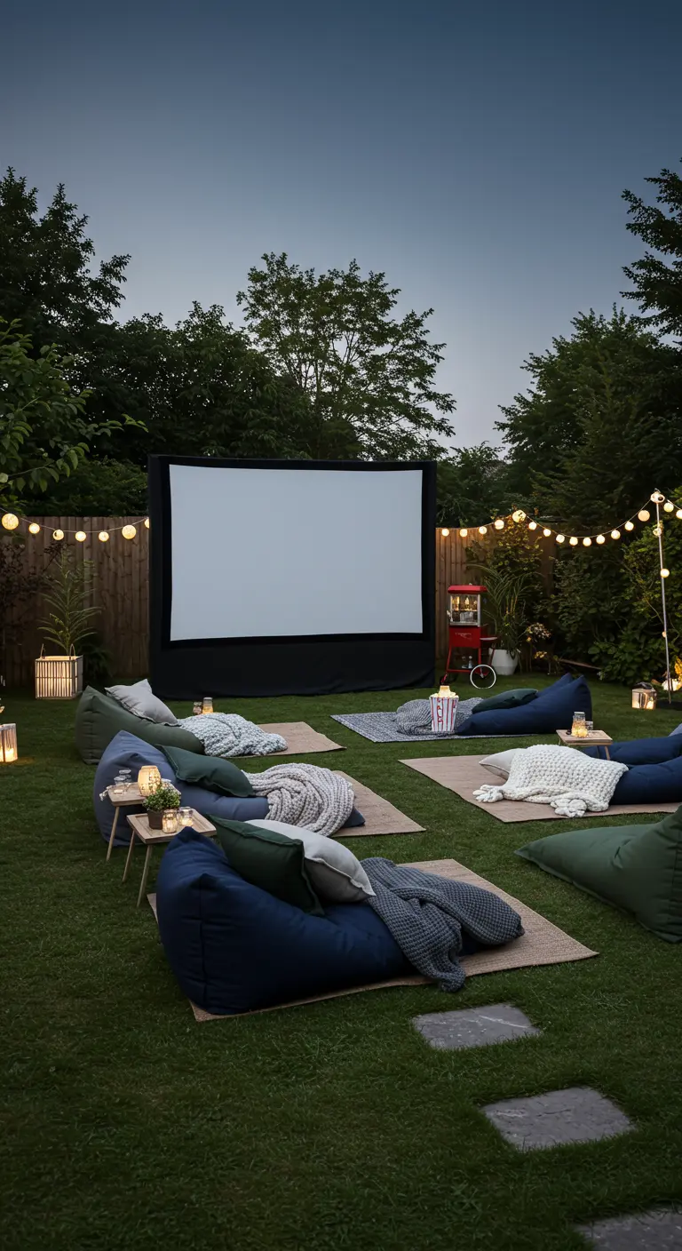 Buitenbioscoop met zitzakken, dekens, lichtslingers en popcornmachine op het gras.