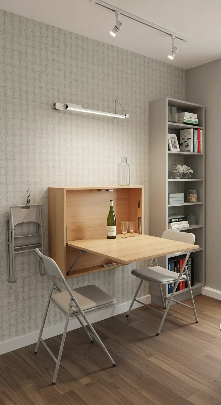 Compacte eethoek met opklapbare wandtafel, opvouwbare stoelen en een hoge, smalle boekenkast.