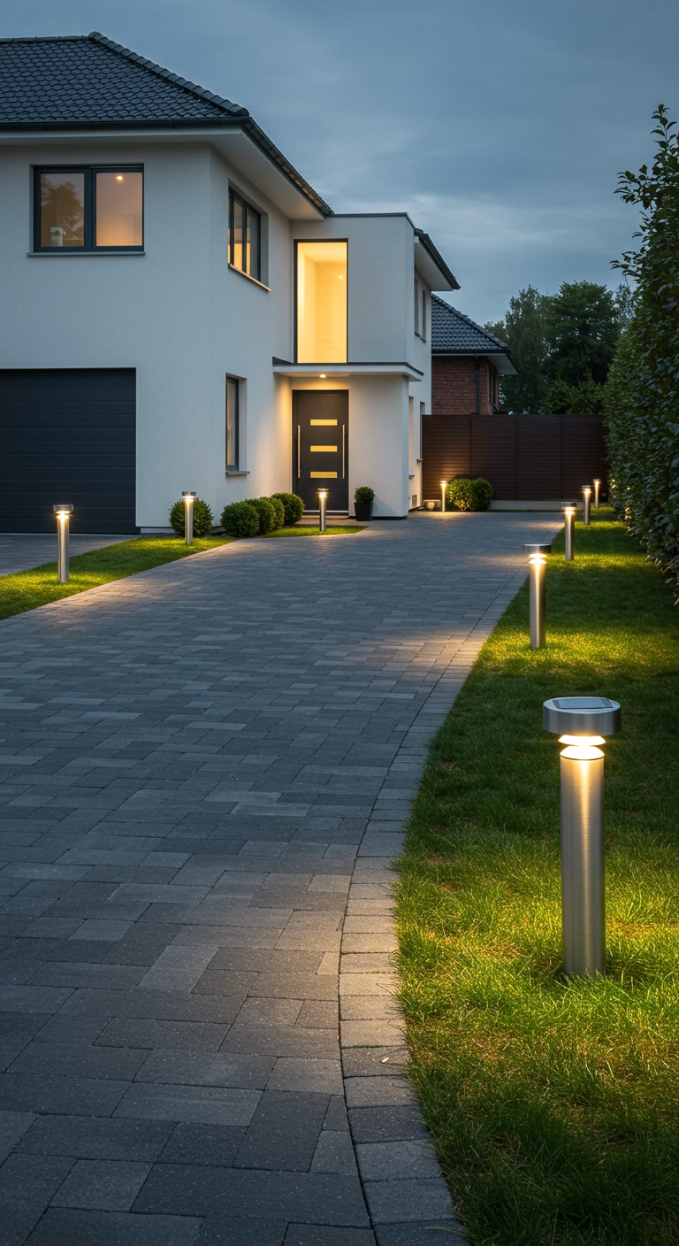 Moderne oprit met strakke, staande solarlampen langs de randen van het gras.