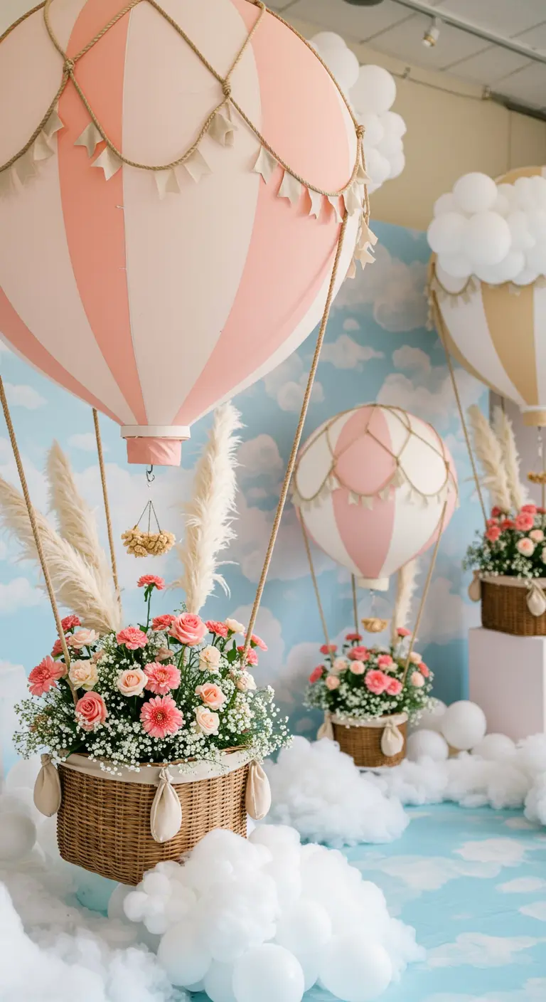Decoratie met luchtballon thema, mandjes met bloemen en wolken achtergrond.