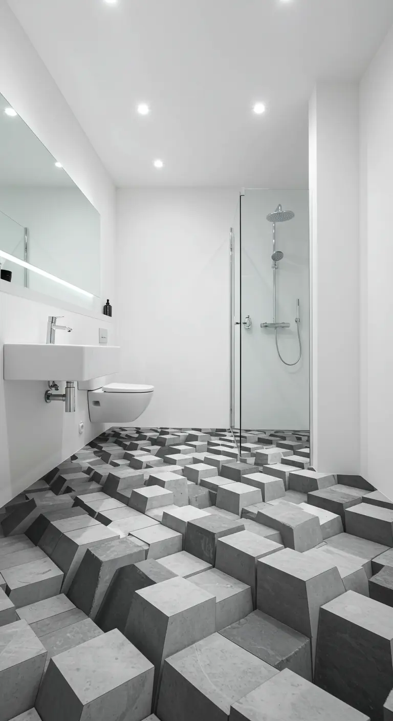Moderne badkamer met een vloer met 3D kubuspatroon tegels.