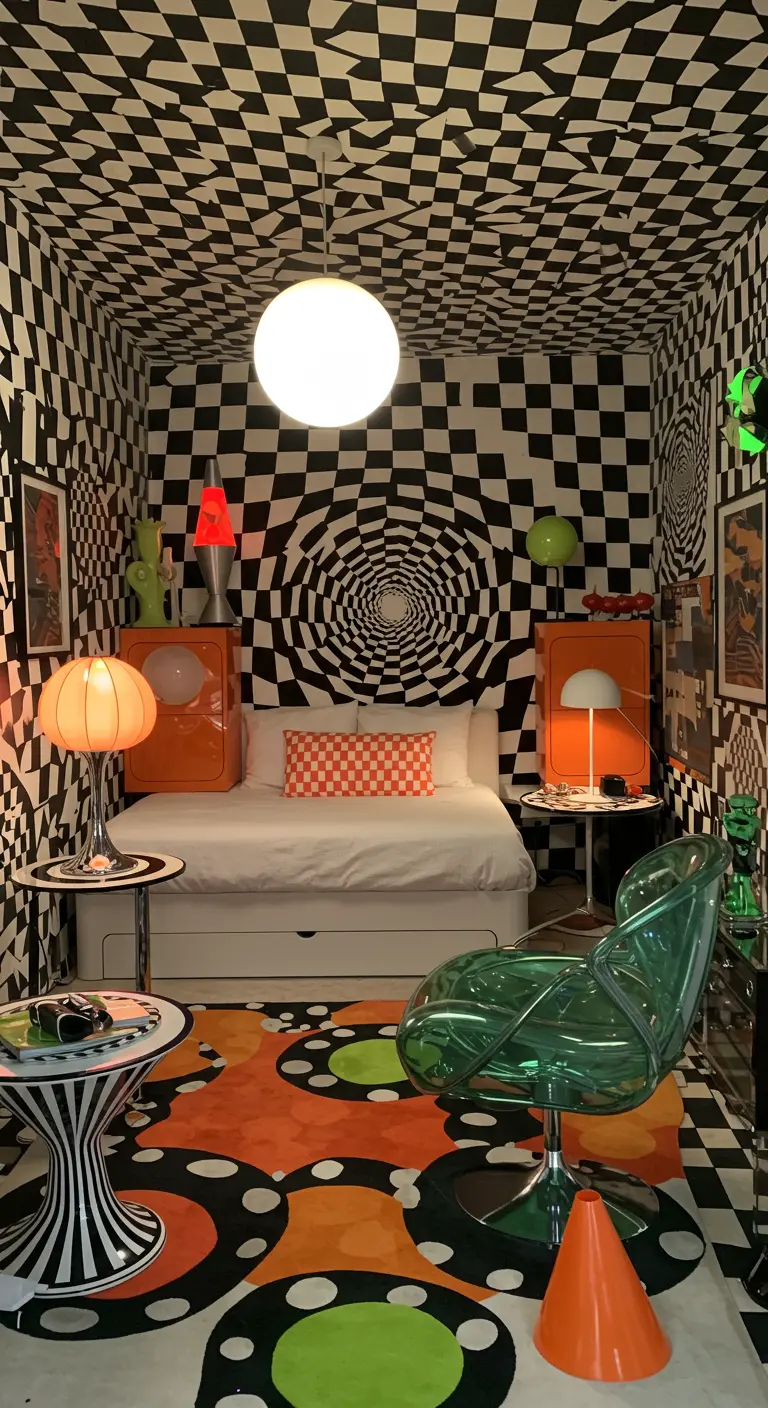 Slaapkamer met optische illusie door zwart-wit blokjespatroon op muren en plafond.