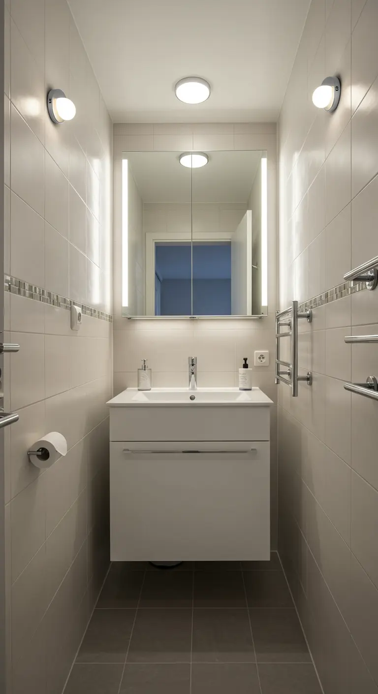 Smalle badkamer met spiegelkast voorzien van verticale LED-verlichting.