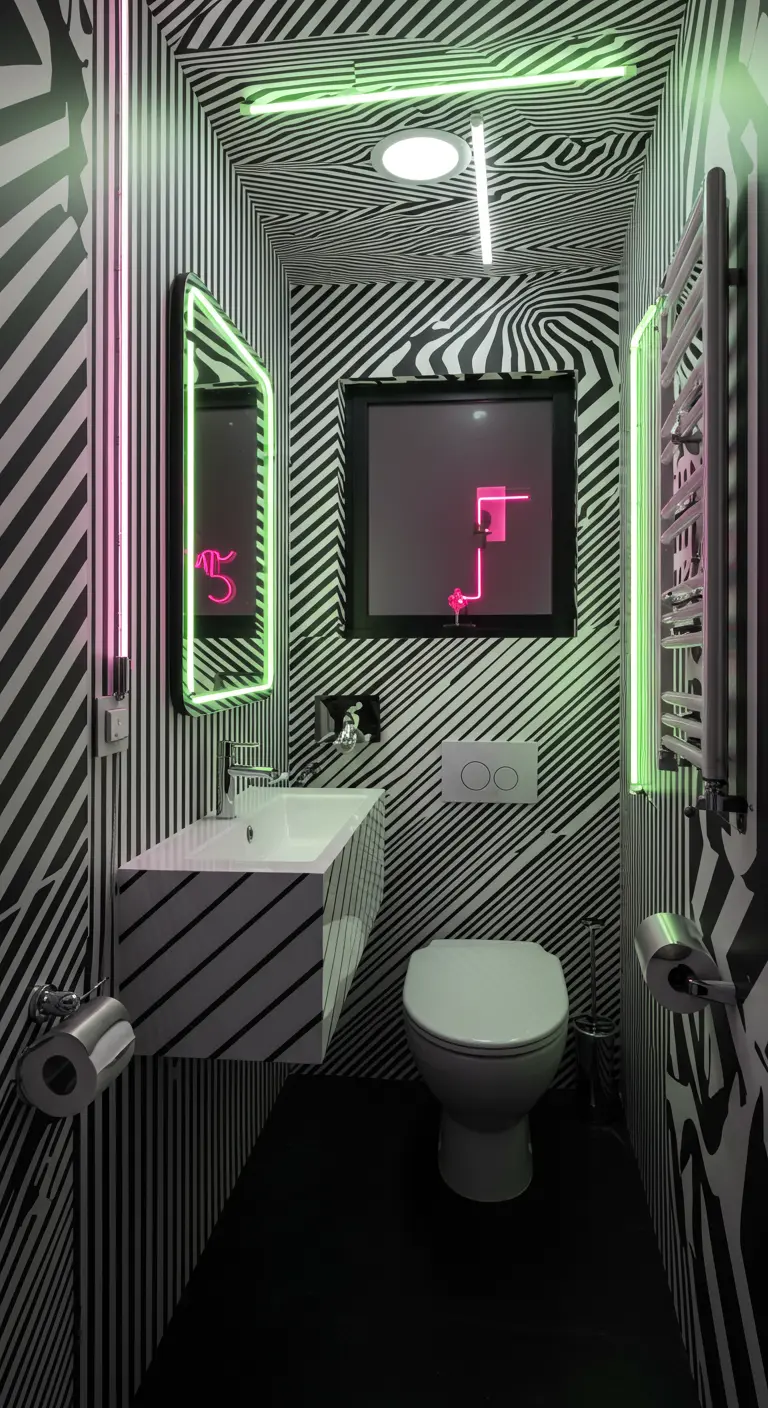 Zwart-wit optische illusie badkamer met neon verlichting