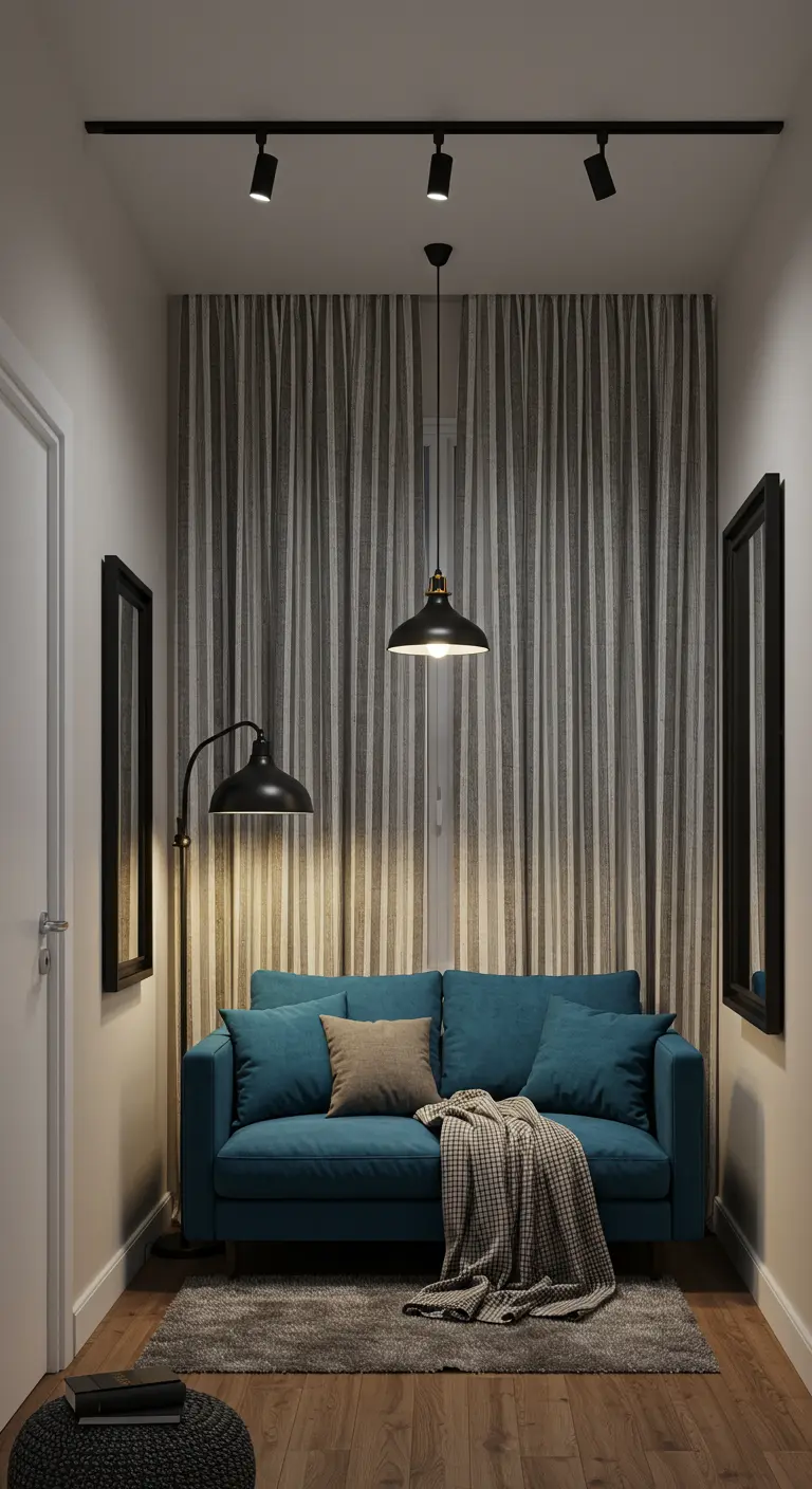 Compacte woonkamer/hal met verticale gestreepte gordijnen, teal bank en twee spiegels.