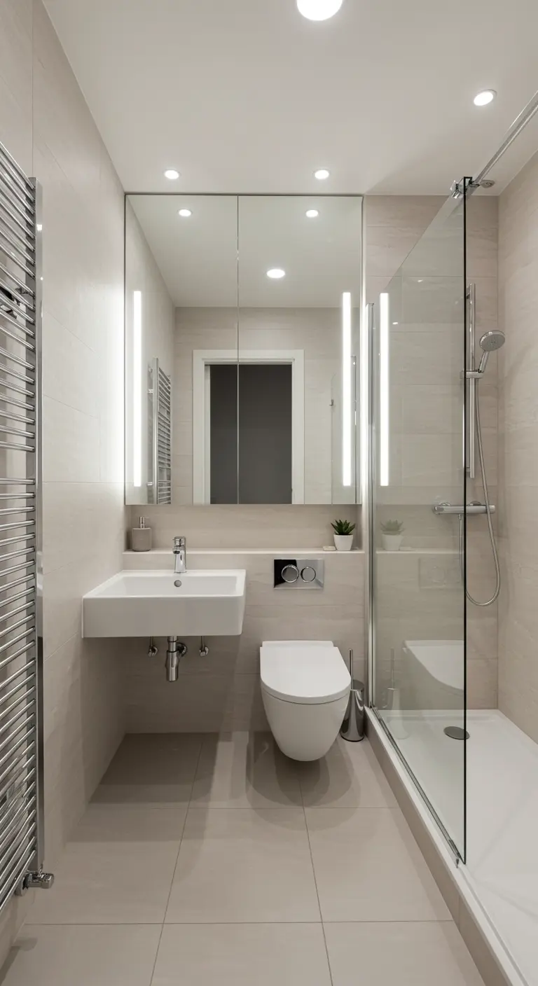 Smalle, moderne badkamer met verticale LED-verlichting naast de spiegel en lichte tegels.