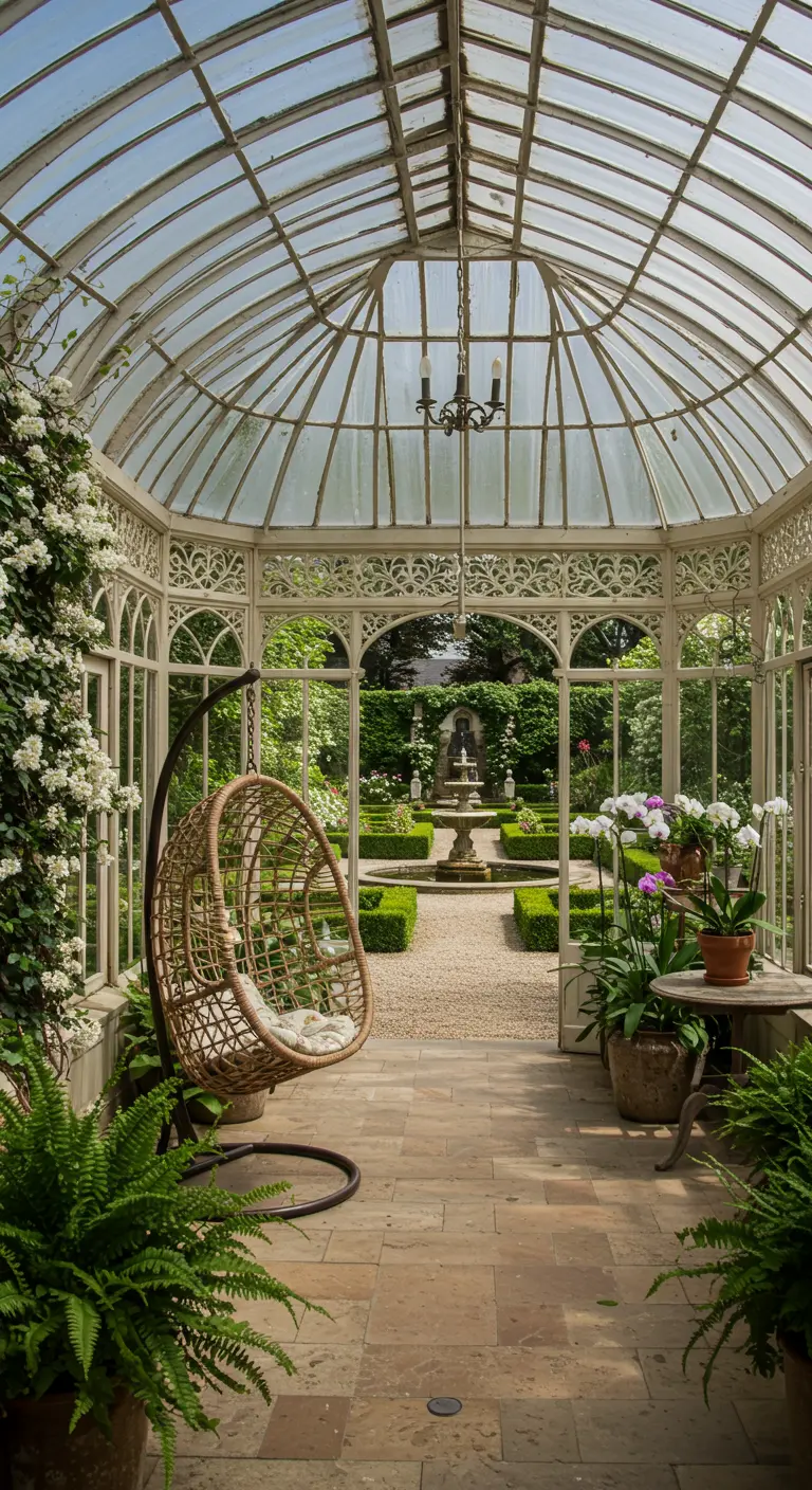 Rotan hangstoel in een lichte, klassieke orangerie met veel planten en uitzicht op een formele tuin.