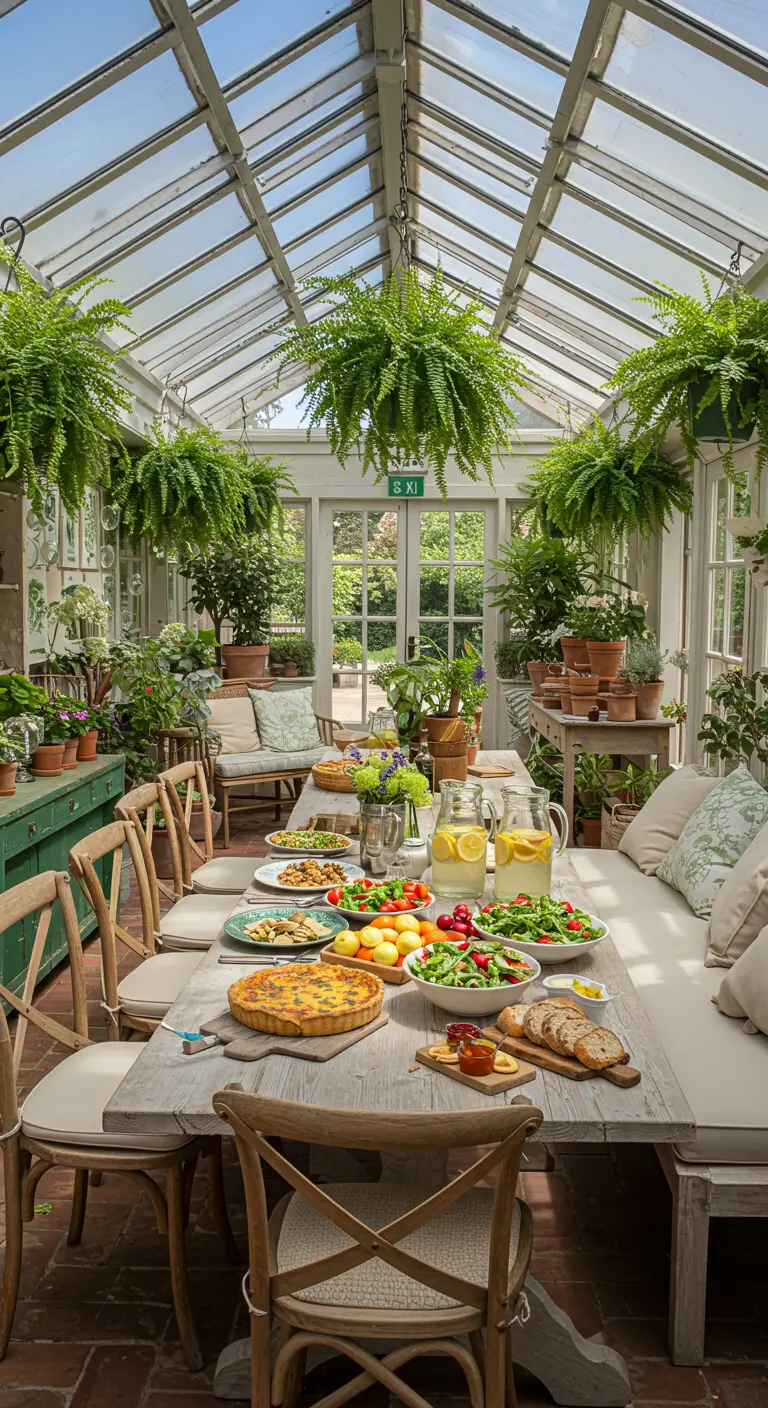Lange eettafel in een lichte serre vol planten, gedekt voor een lunch.