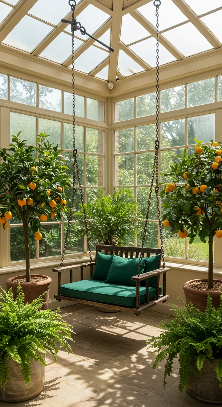 Schommelbank met groene kussens in glazen serre met oranjebomen en varens.