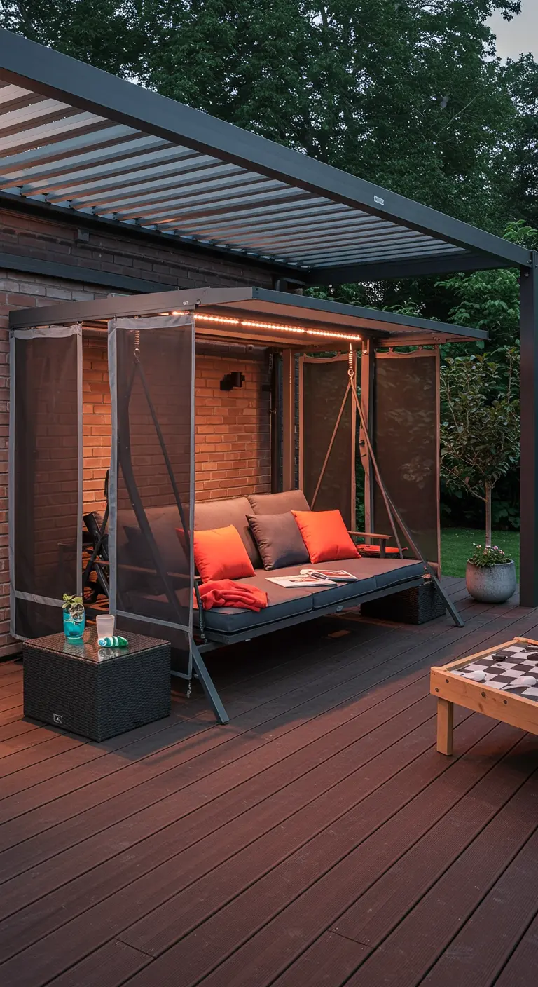 Moderne schommelbank met grijze en oranje kussens onder een strakke pergola met gaasdoeken, op een houten vlonder met bijzettafel en schaakbord.