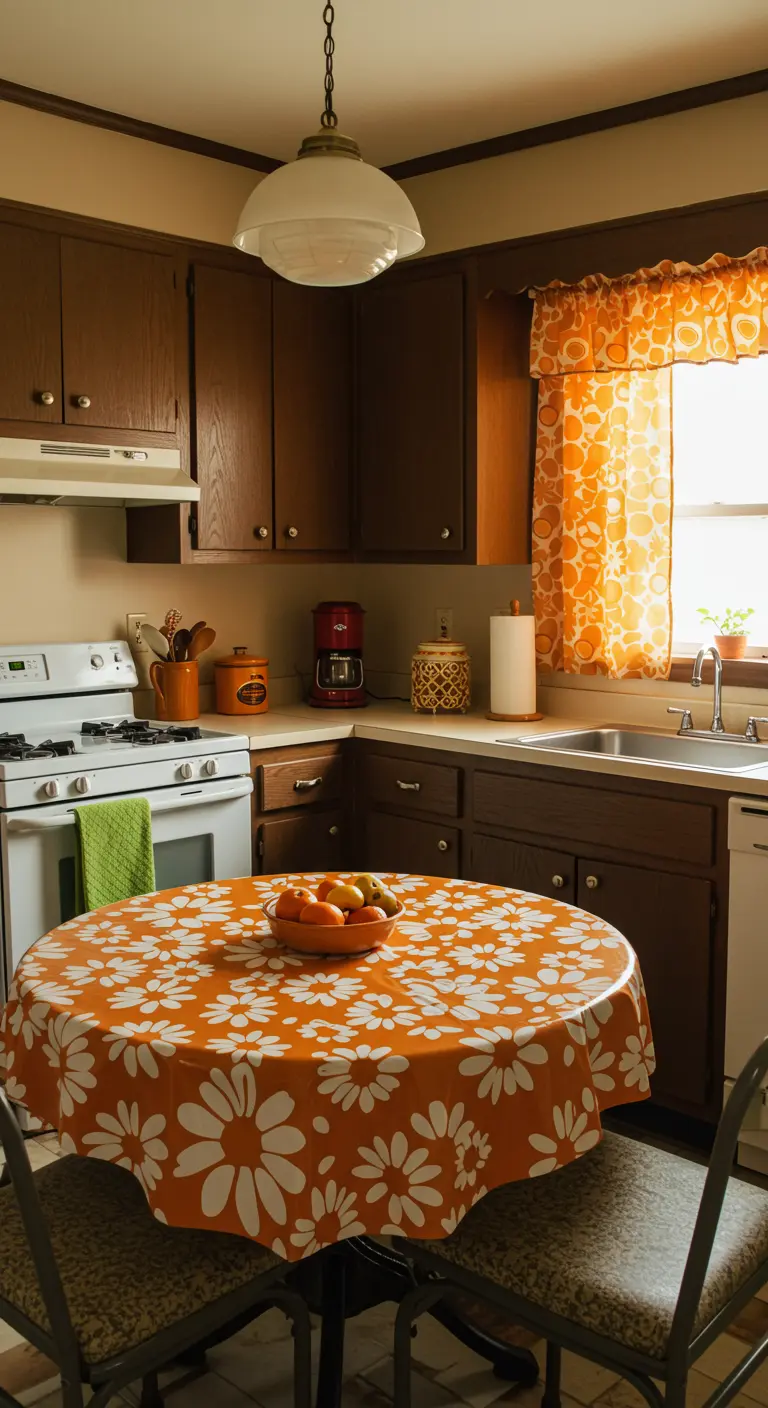 Retro keuken met donkerbruine kasten en een oranje tafelkleed en gordijn met witte bloemenprint.