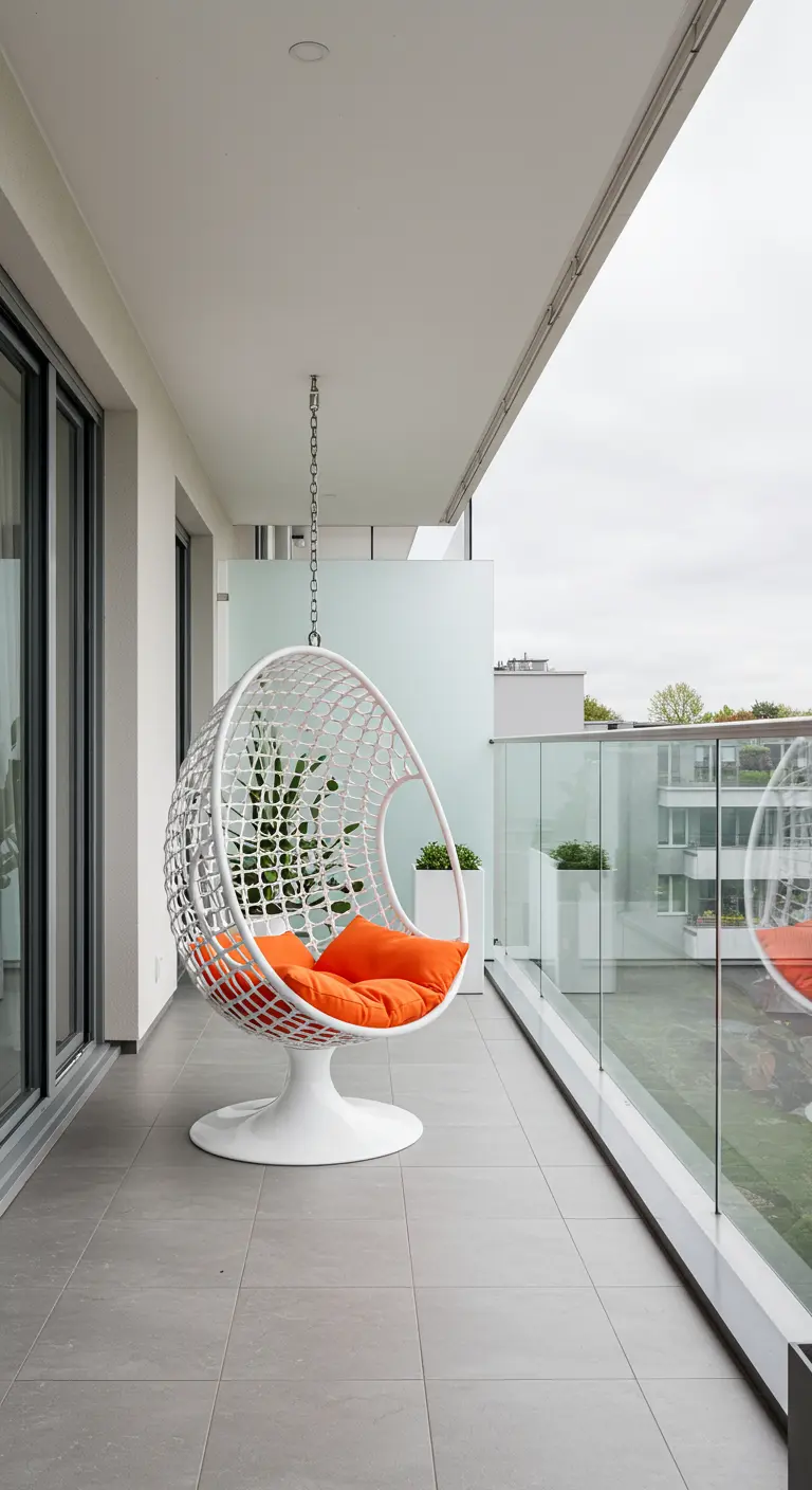 Witte eivormige hangstoel met feloranje kussens op een modern, minimalistisch balkon.