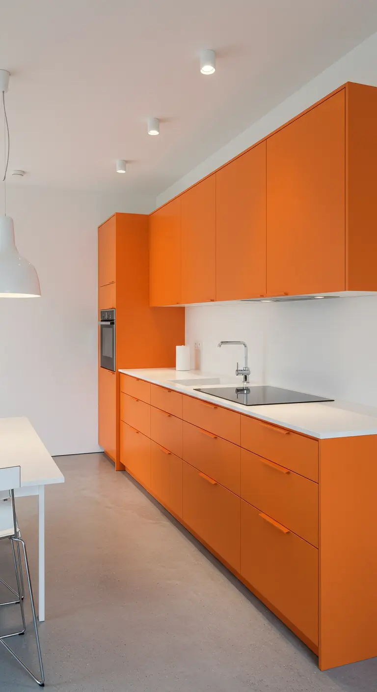 Strakke, minimalistische feloranje keuken met witte accenten.