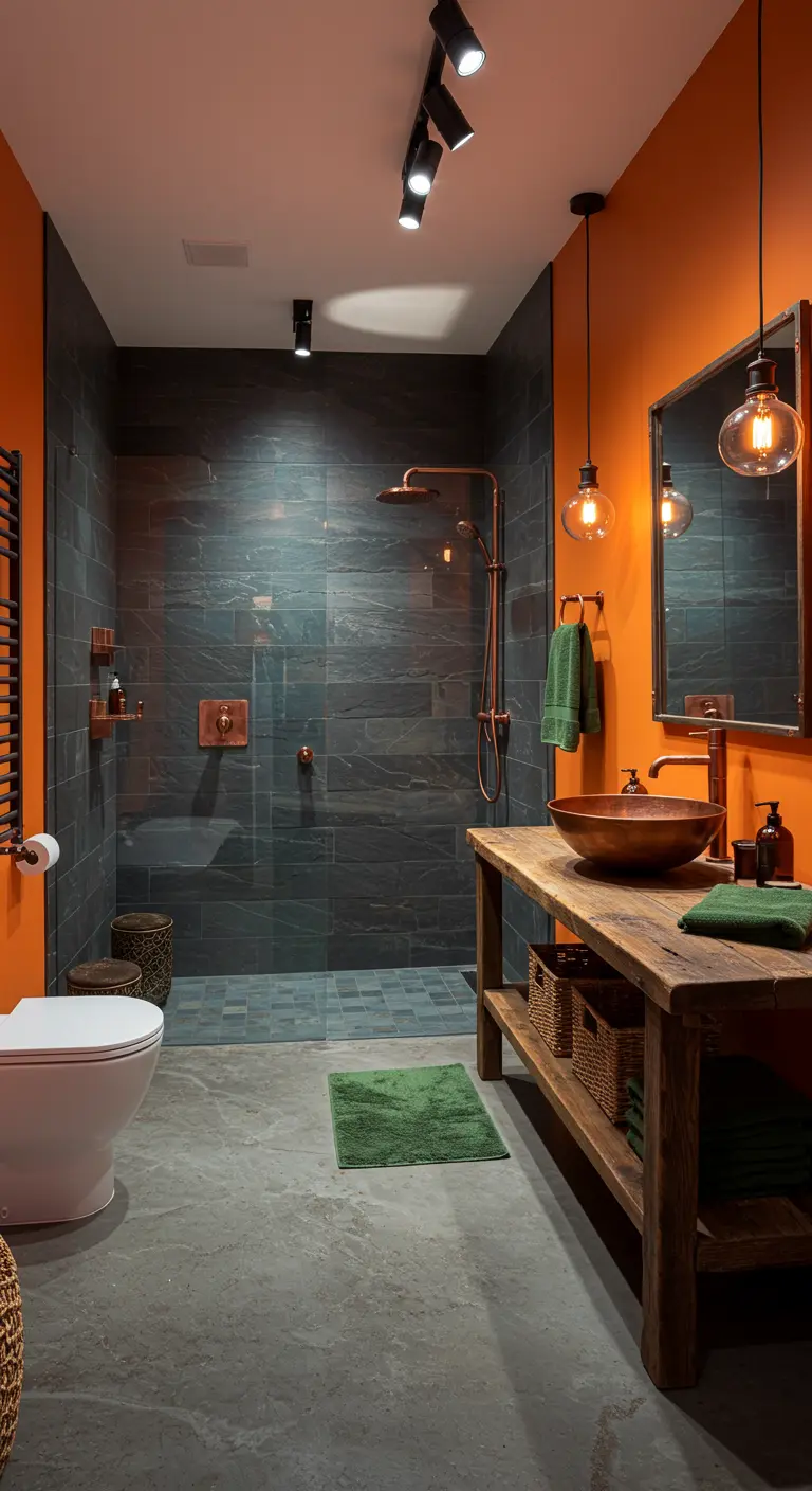 Industriële badkamer met oranje muren, donkere tegels en koperen details.