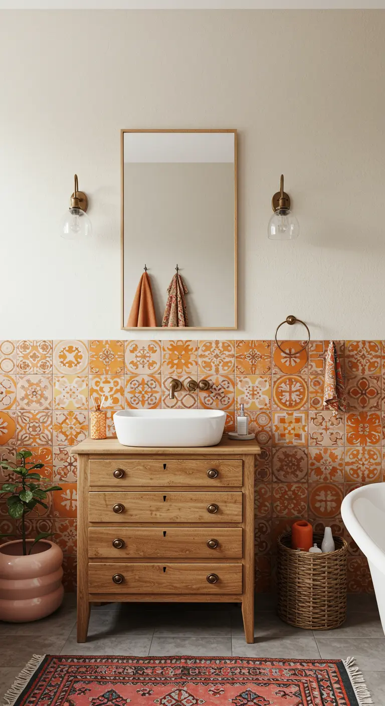 Badkamer met oranje-gele mozaïektegels, eikenhouten ladenkast en Perzische loper.