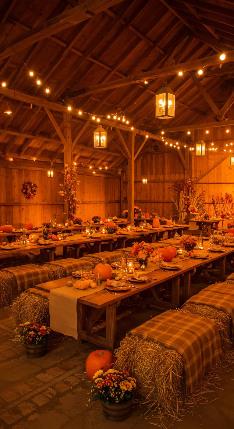 Rustieke schuur met oranje decoratie, pompoenen en lichtslingers voor herfstfeest.