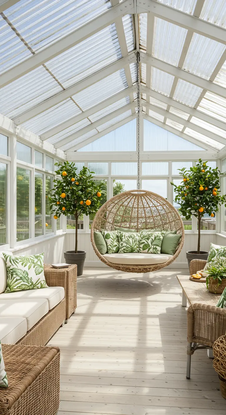 Rotan hangstoel in lichte serre met citrusbomen en botanische print kussens.