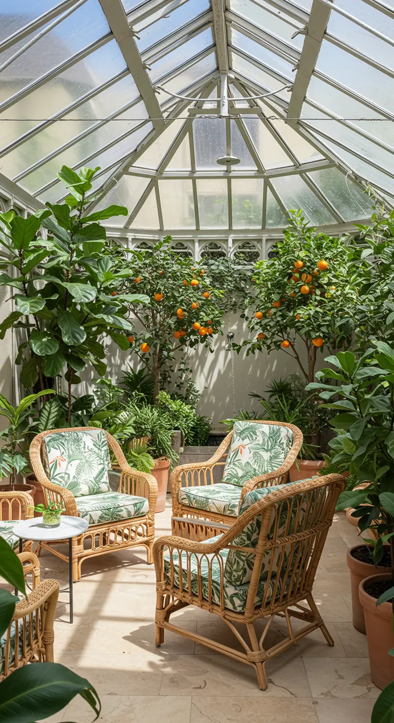 Oranjerie met rieten stoelen, citrusbomen in potten en veel groen.