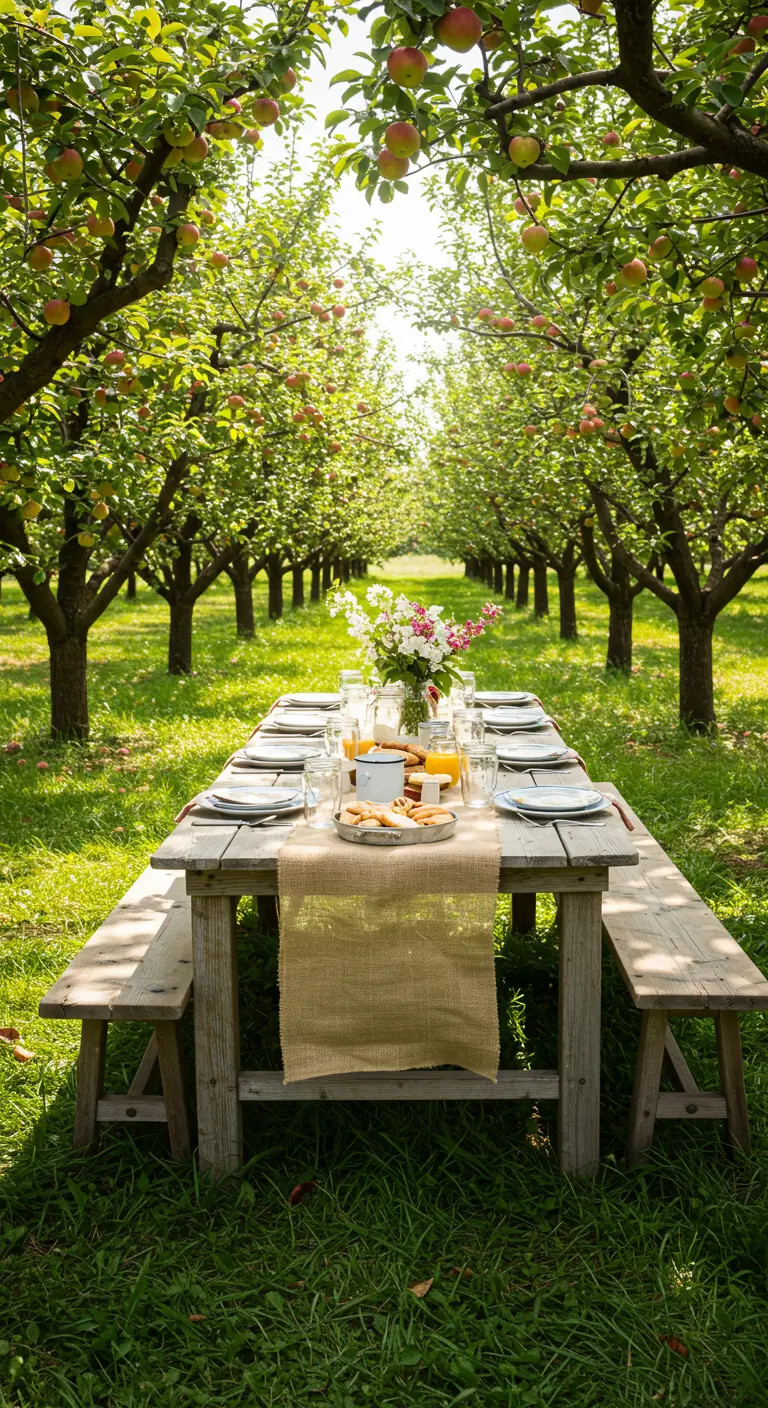 Lange houten picknicktafel met jute loper en veldbloemen in een boomgaard.