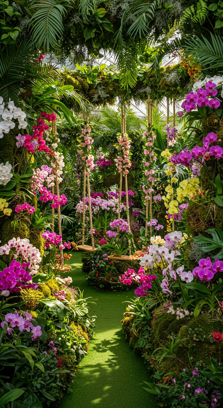 Kleurrijke orchideeëntuin met meerdere houten schommels, weelderig groen mos en bladeren.