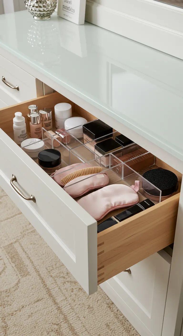 Open badkamerlade met transparante organizers voor make-up en beautyproducten.