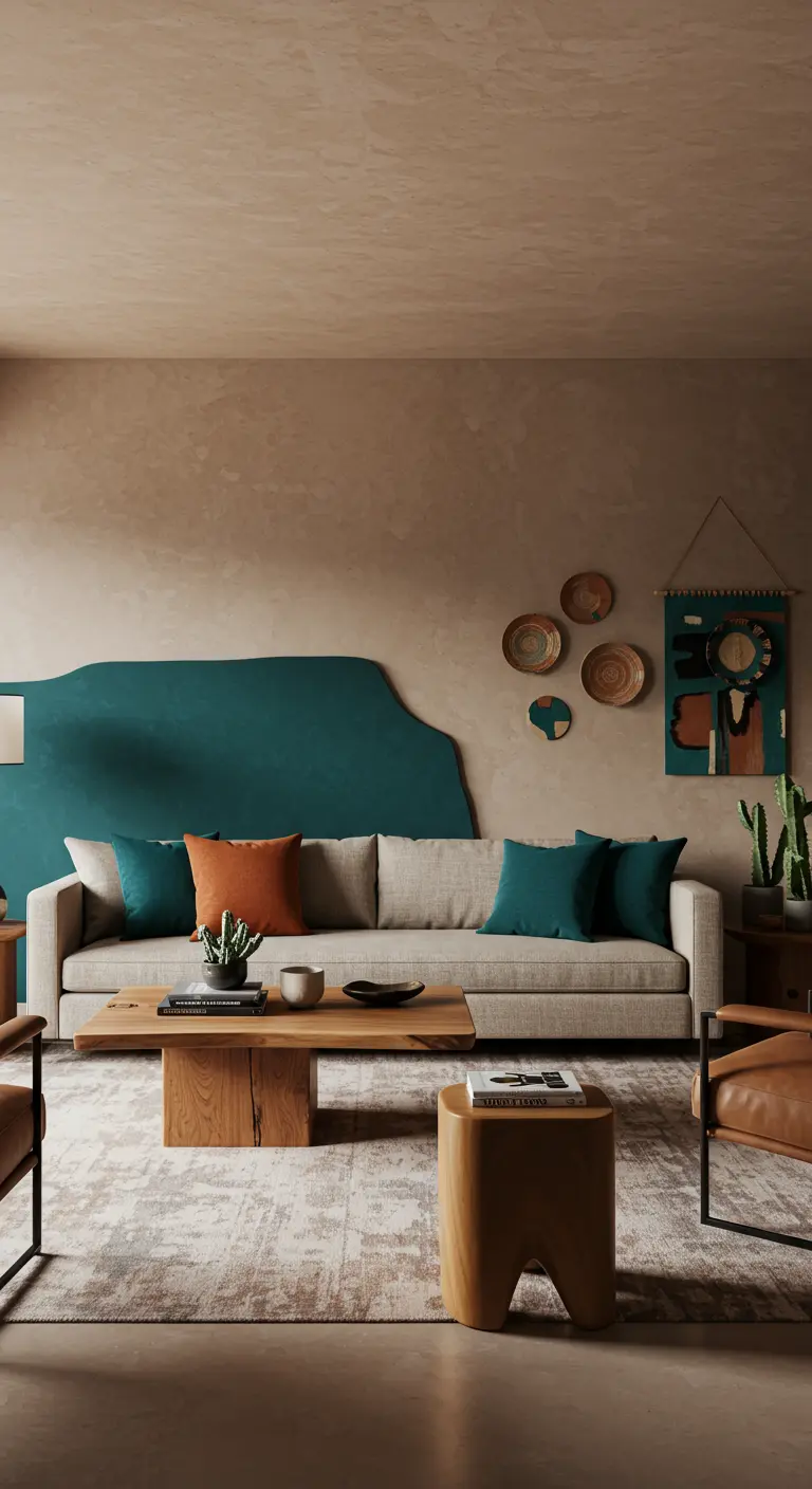 Moderne woonkamer met beige bank en een petrolblauwe organische vorm op de muur.