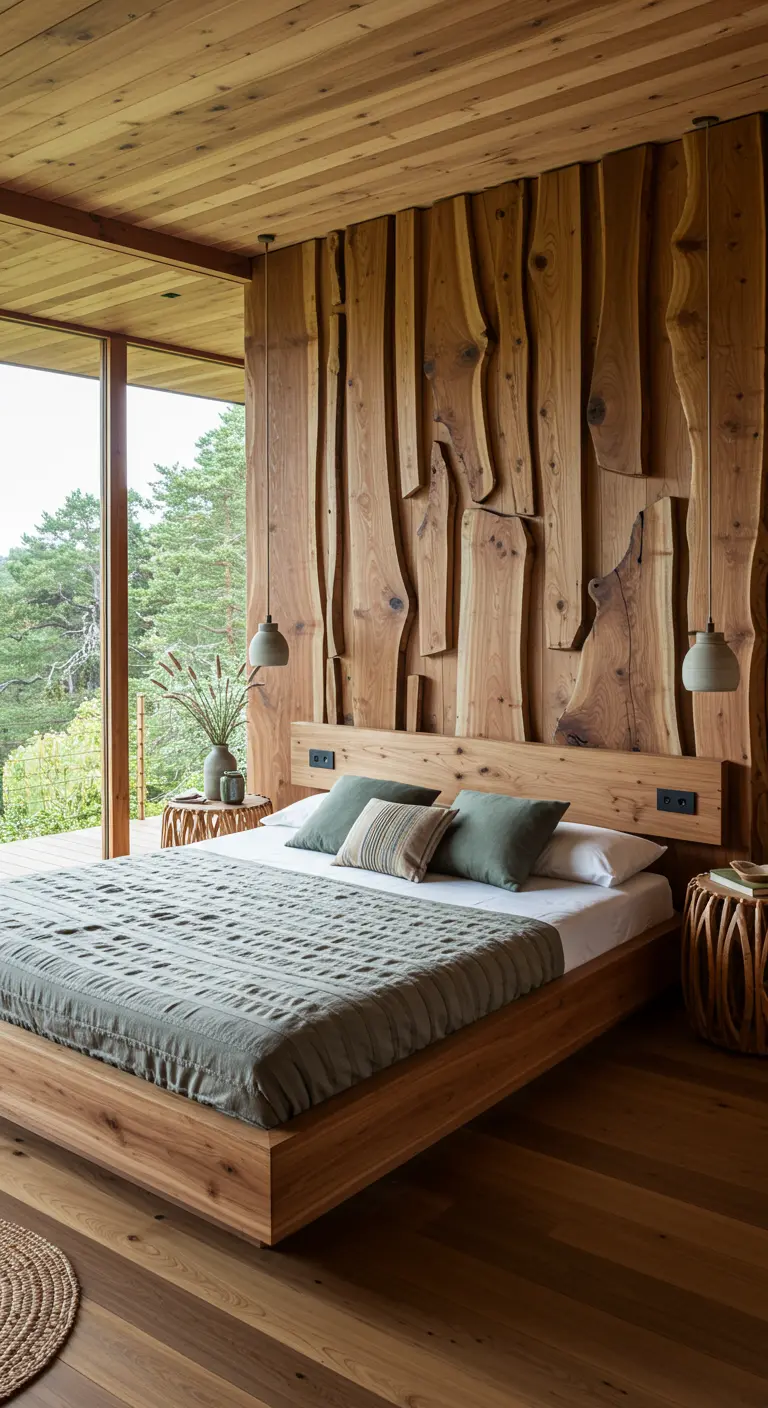 Houten wand van organisch gevormde boomstam planken met natuurlijke randen.