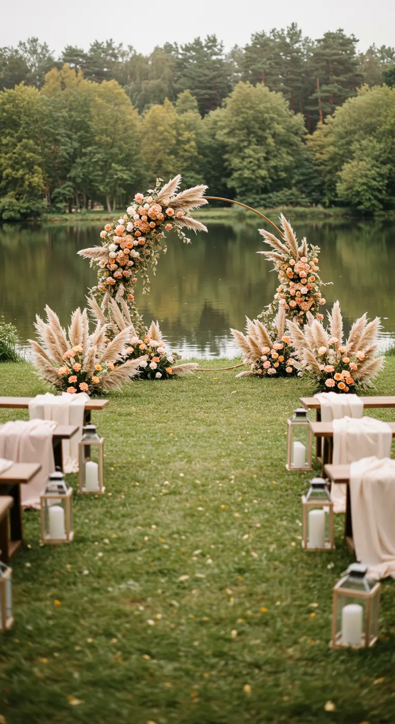Halve cirkel ceremonieboog met pampasgras en perzik bloemen aan een meer.