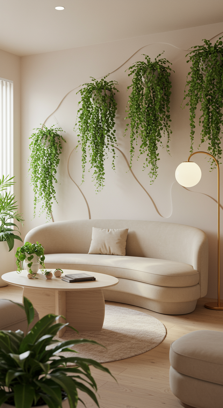 Woonkamer met organisch gevormde bank en hangplanten langs een golvende muurlijn.
