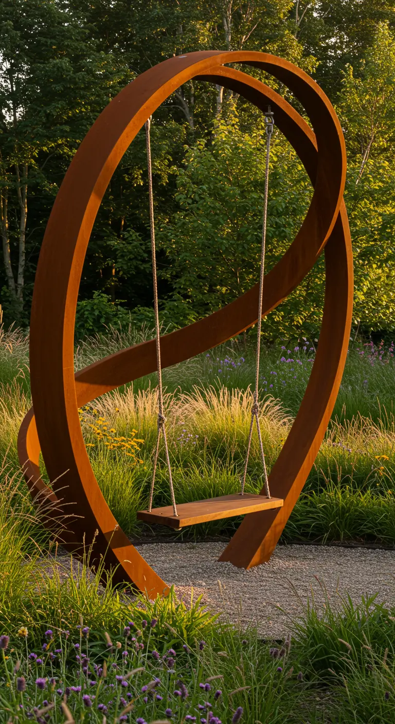 Houten schommelplank in een groot, organisch gevormd frame van cortenstaal in een bloementuin.
