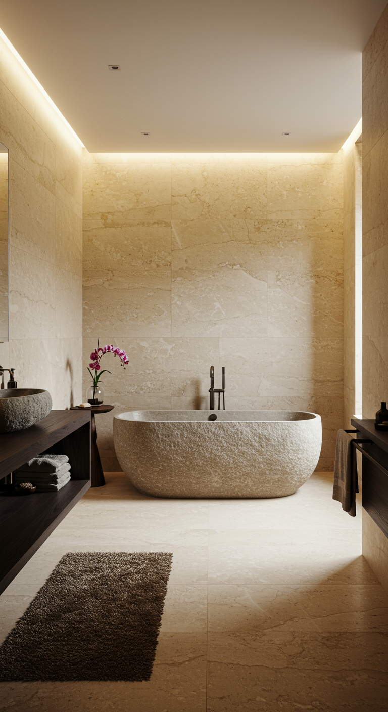Luxe badkamer met vrijstaand stenen bad, stenen waskom en donkerhouten meubels.